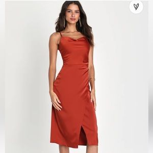 Lulu’s Hollywood Woman Bronze Satin Midi Dress, Orange Color, Size Small, NWT